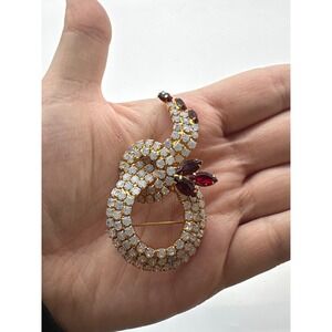 Vintage Gold Tone Clear and Red Rhinestone Abstract Swirl Brooch Pin J166